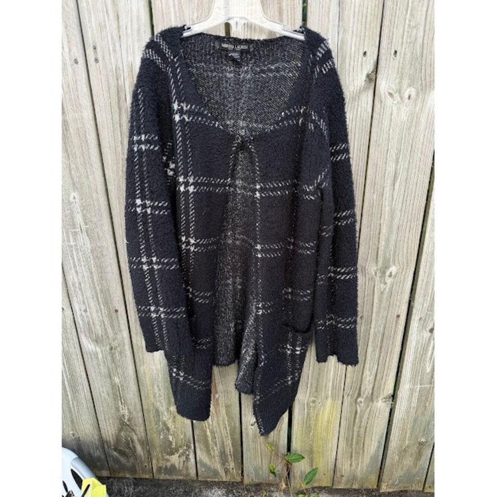 Dark Academia Sabrina Lauren Plaid Popcorn Knit Cardigan M Black White Longline